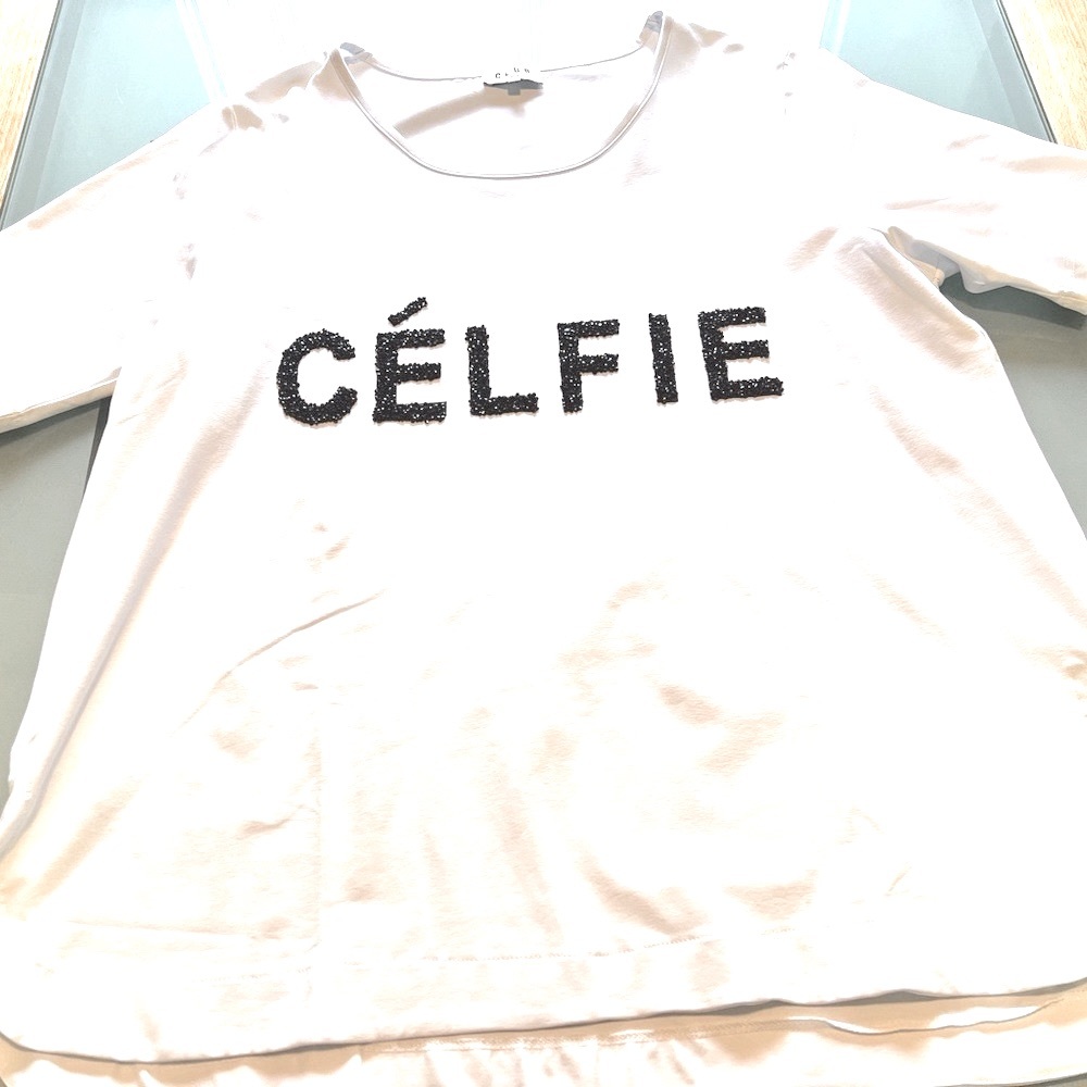 CÉLFIE in black beaded letters on white t-shirt Top - white stretchy fabric